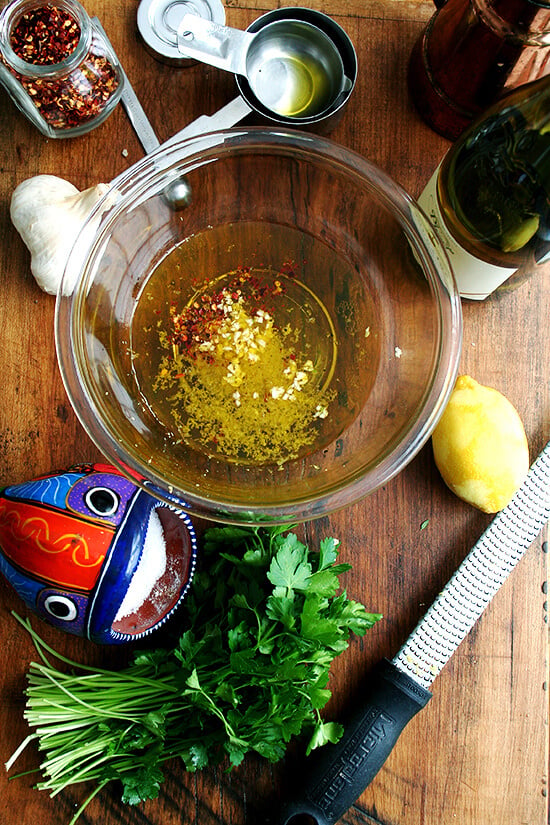 The sauce ingredients for pasta with chicken, lemon & white wine. 