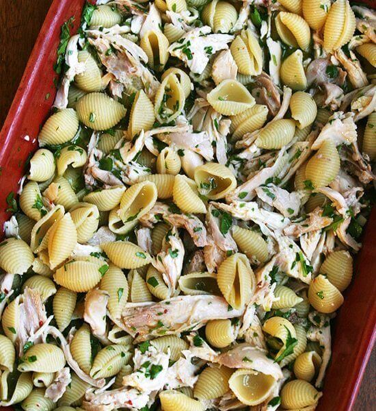 Baked pasta with chicken, lemon, white wine, and herbs.