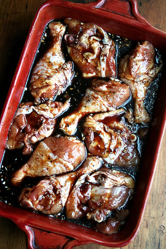 A mixture of chicken thighs and drumsticks in honey-soy sauce mixture. 