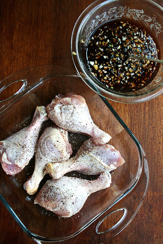 Chicken drumsticks salt and peppered aside the honey-soy sauce mixture. 