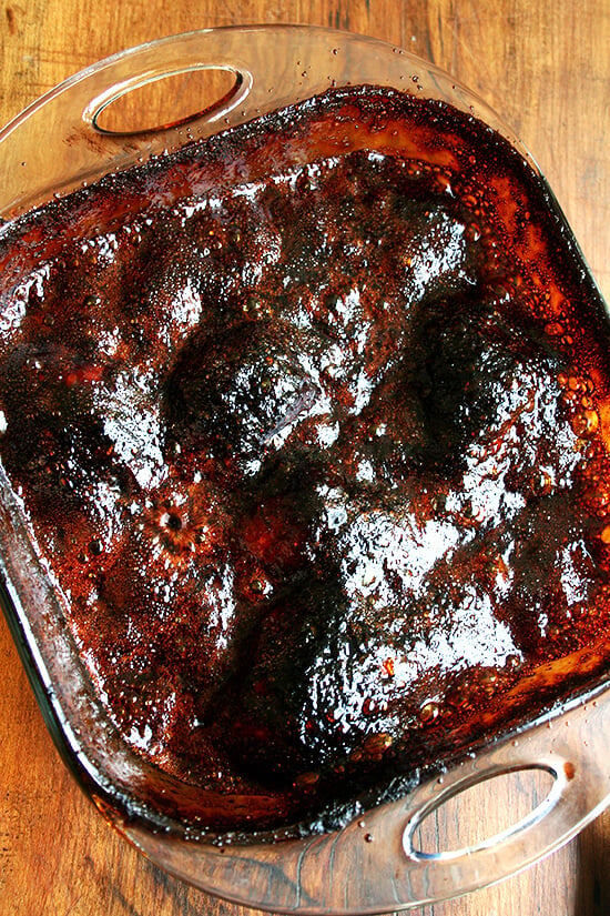 Just-baked honey-soy chicken drumsticks. 