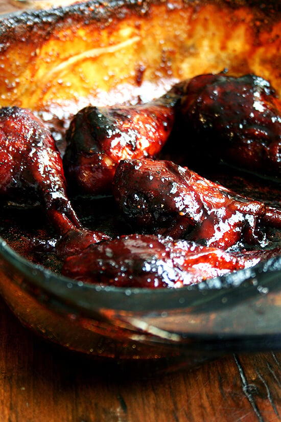 Honey-soy chicken drumsticks, out of the oven and resting. 