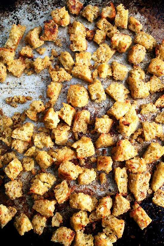 Golden on the outside, chewy on the inside, mustardy throughout, these croutons are irresistible. // alexandracooks.com