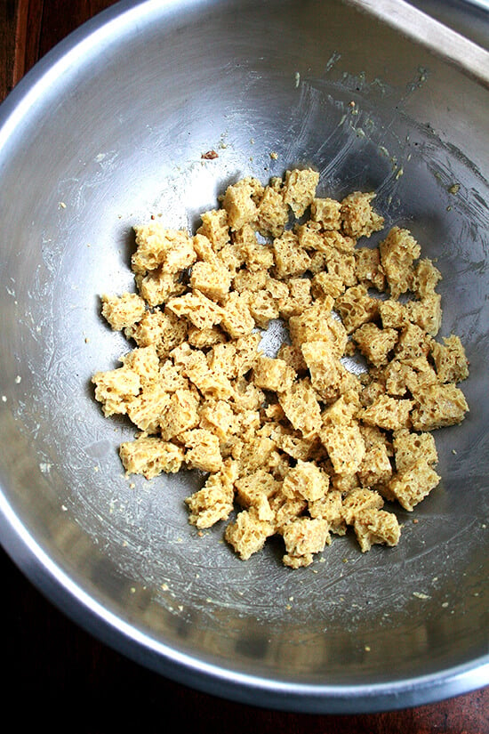 bread cubes tossed with mustard dressing