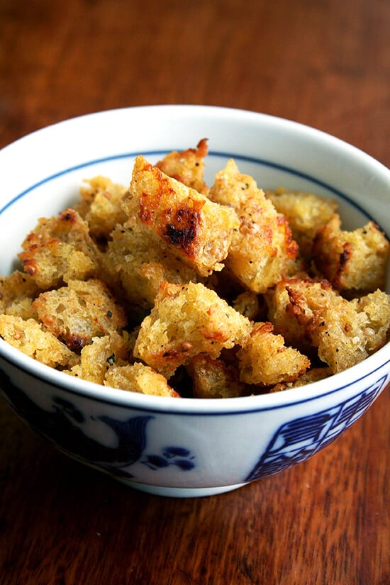 Golden on the outside, chewy on the inside, mustardy throughout, these croutons are irresistible. // alexandracooks.com