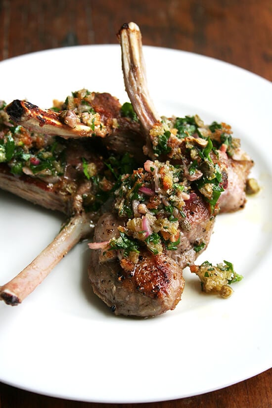 Made with shallots, bread crumbs, olive oil, capers, anchovies, parsley and thyme, this bread crumb salsa could be served with anything from pan-seared lamb chops to grilled steak. Yum. // alexandracooks.com