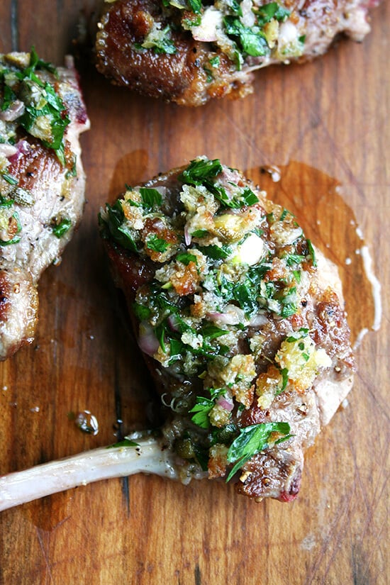 Made with shallots, bread crumbs, olive oil, capers, anchovies, parsley and thyme, this bread crumb salsa could be served with anything from pan-seared lamb chops to grilled steak. Yum. // alexandracooks.com