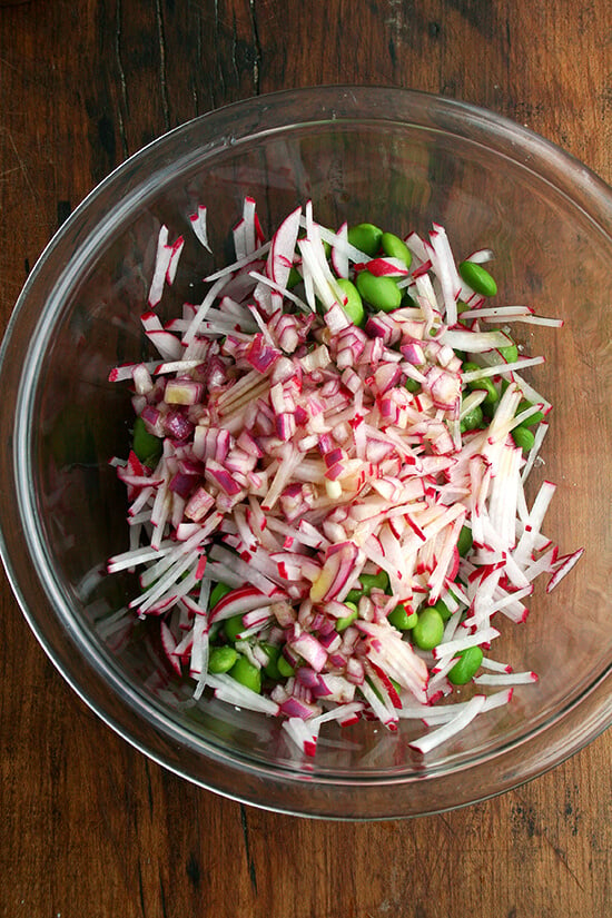 radishes and edamame with dressing