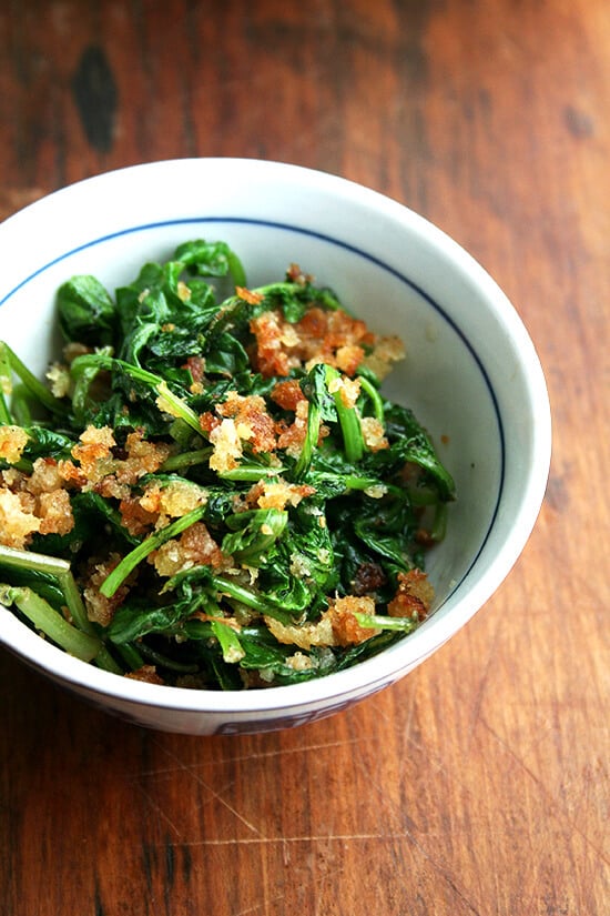 radish greens and toasted bread crumbs