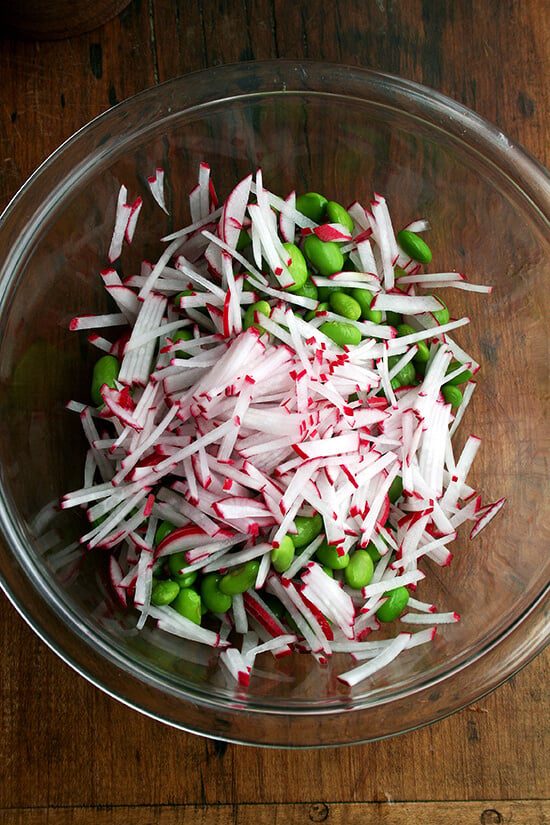 slivered radishes and edamame