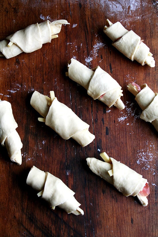 Ham and cheese croissants, rolled and ready to rise. 