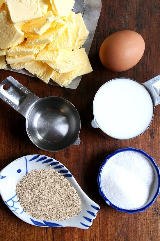 The ingredients for the food processor Danish pastry dough on a board.