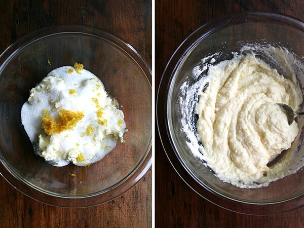 Two images: on the lef a bowl with the lemon-ricotta filling unmixed; on the right, a bowl with the lemon-ricotta filling all mixed.