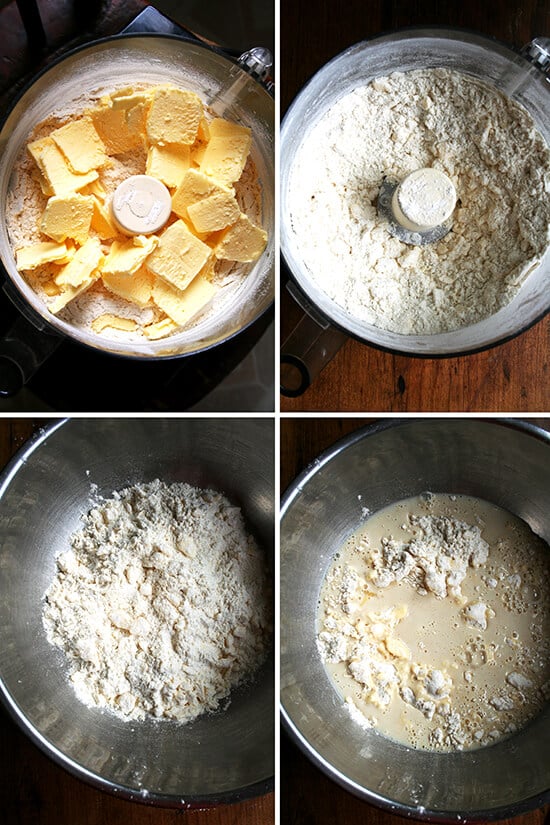 A montage of images showing how to making the food processor pastry dough.