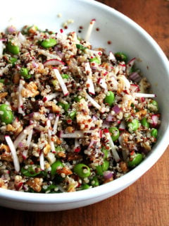 A simple dressing of olive oil and freshly squeezed lemon juice with just a pinch of crushed red pepper flakes works best in this quinoa salad, both complementing quinoa's flavors while not oversaturating its delicate texture. // alexandracooks.com