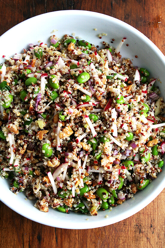 A simple dressing of olive oil and freshly squeezed lemon juice with just a pinch of crushed red pepper flakes works best in this quinoa salad, both complementing quinoa's flavors while not oversaturating its delicate texture. // alexandracooks.com
