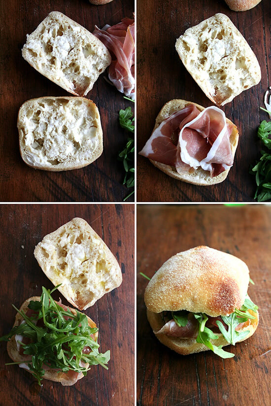 For Gabrielle Hamilton, the success of this prosciutto and arugula sandwich relies on a delicate balance, "the perfection of three fats together — butter, olive oil, and the white fat from prosciutto or lardo." Served on (faux) ciabatta bread, it's delicious. // alexandracooks.com