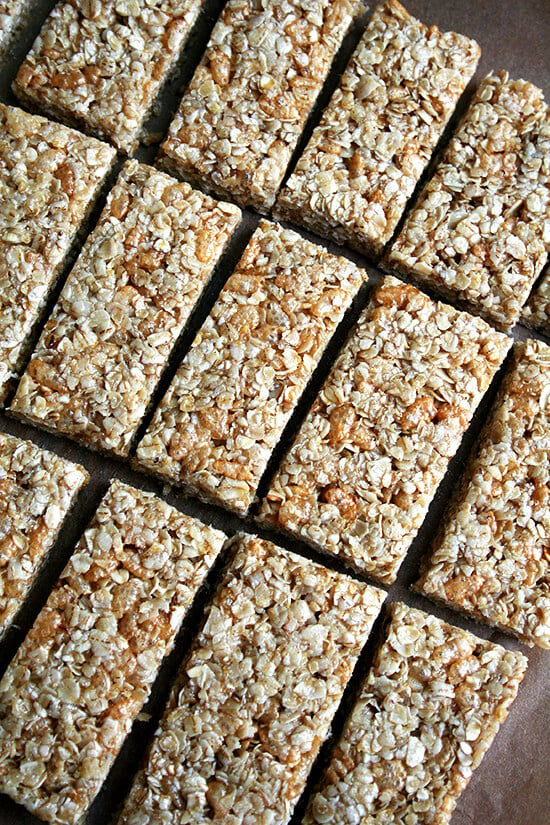These are the ideal no-bake granola bar for me: tasty and incredibly chewy, containing healthful ingredients, no processed cereals, and no candy-like additions. The dry mixture contains oats, sliced almonds, unsweetened coconut, and wheat germ, but this mixture can be tailored to your liking with dried fruit, nuts, seeds, wheat bran, oat bran, chocolate chips, etc. // alexandracooks.com