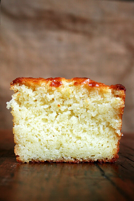 Cross-section of a slice of lemon-ricotta pound cake. 