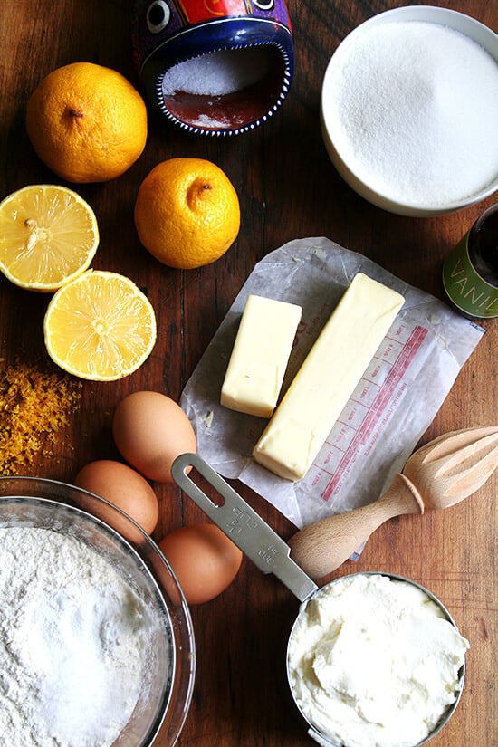 All of the ingredients to make lemon-ricotta pound cake. 