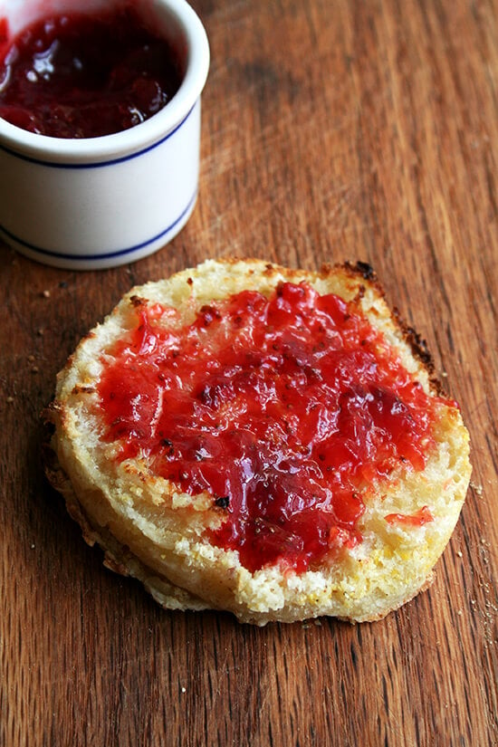 Breakfast doesn't get much better than this: beautifully golden homemade English muffins topped with strawberry jam, so fresh and bright, perfectly sweet and lemony. // alexandracooks.com