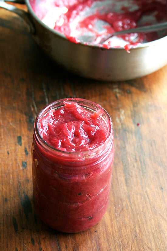 A jar of homemade rhubarb jam. 