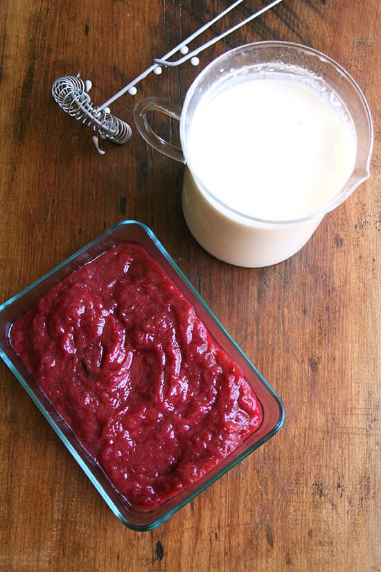 Rhubarb jam and ice cream base on a board. 