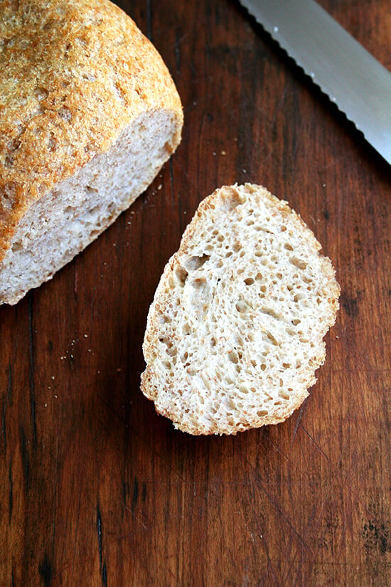 A loaf of peasant bread, sliced. 