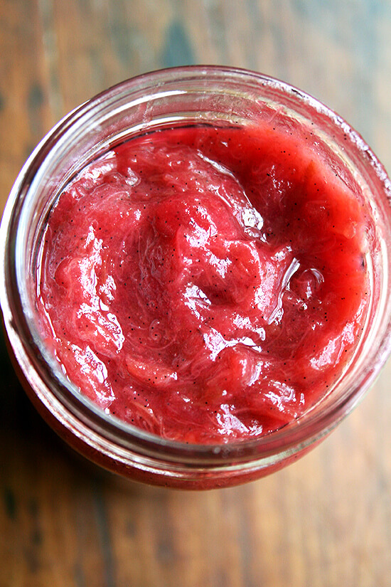 A jar of rhubarb jam. 