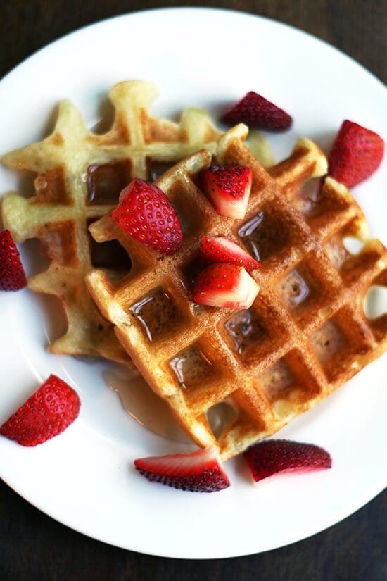 Adored for their crisp crust and crepe-like interior, these waffles are easy to make -- there is no yeast or long overnight rise and no whipped egg whites. // alexandracooks.com