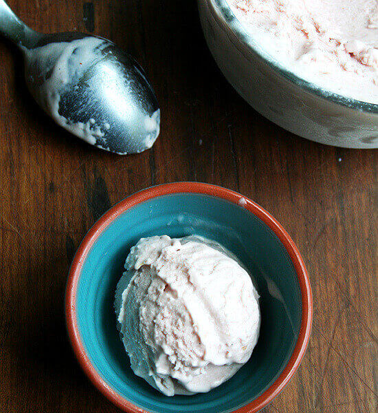 A scoop of rhubarb ice cream.