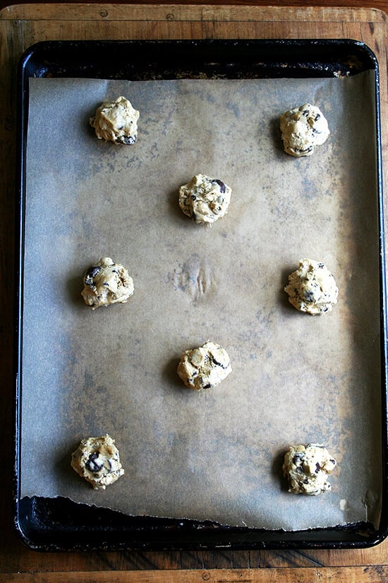 cookie dough balls on a sheet pan