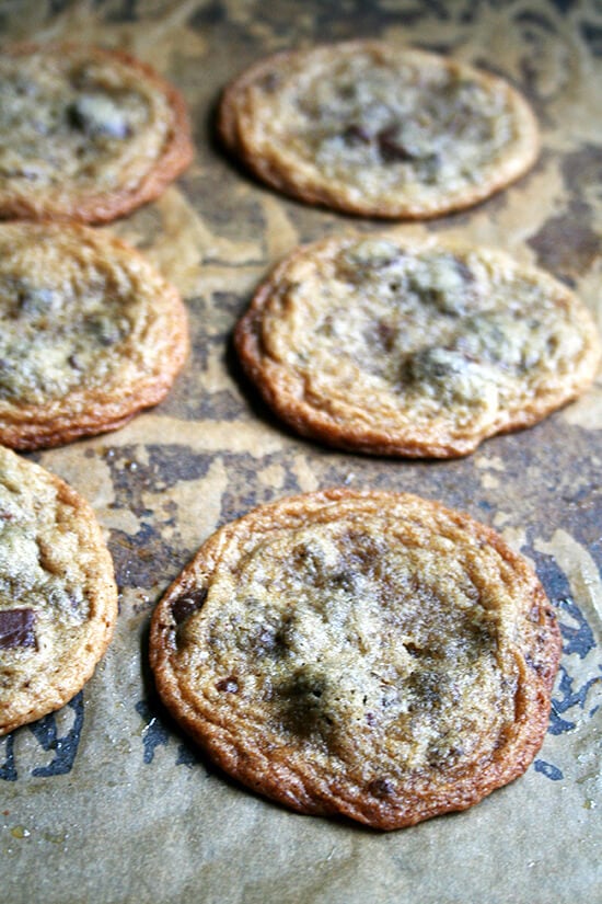 thin and chewy chocolate chip cookies, just baked