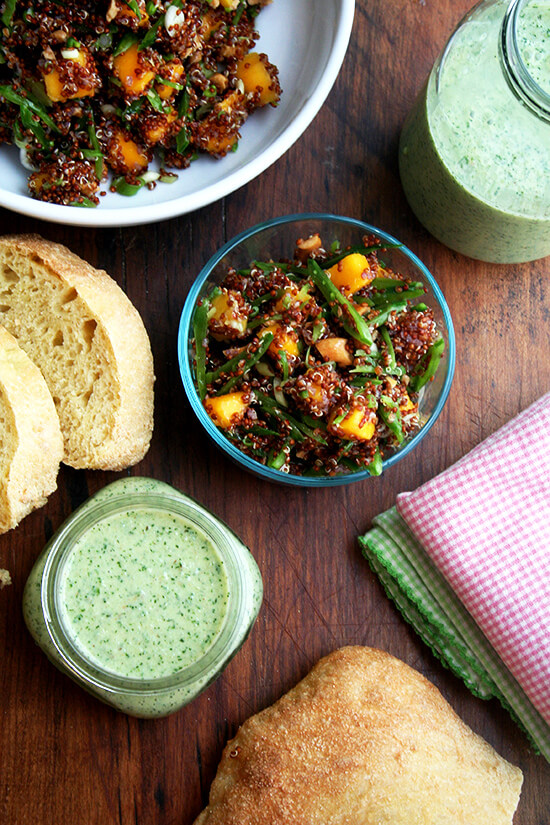 When it's too hot to cook, turn off the oven. Nothing could be more refreshing than this cool summery soup — green grape and cucumber gazpacho — and spicy-sweet-crunchy salad: quinoa with mango, lime and ginger. // alexandracooks.com