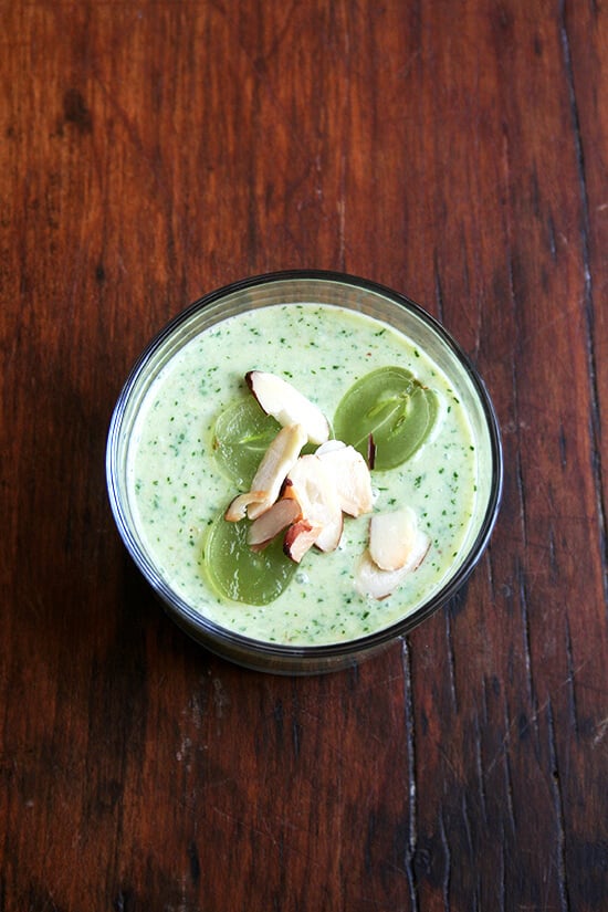 When it's too hot to cook, turn off the oven. Nothing could be more refreshing than this cool summery soup — green grape and cucumber gazpacho — and spicy-sweet-crunchy salad: quinoa with mango, lime and ginger. // alexandracooks.com