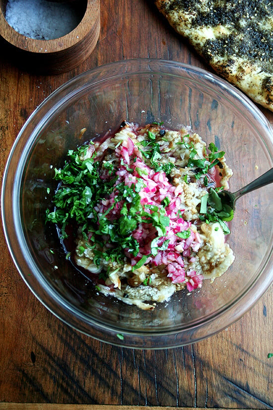 eggplant, macerated onion, basil