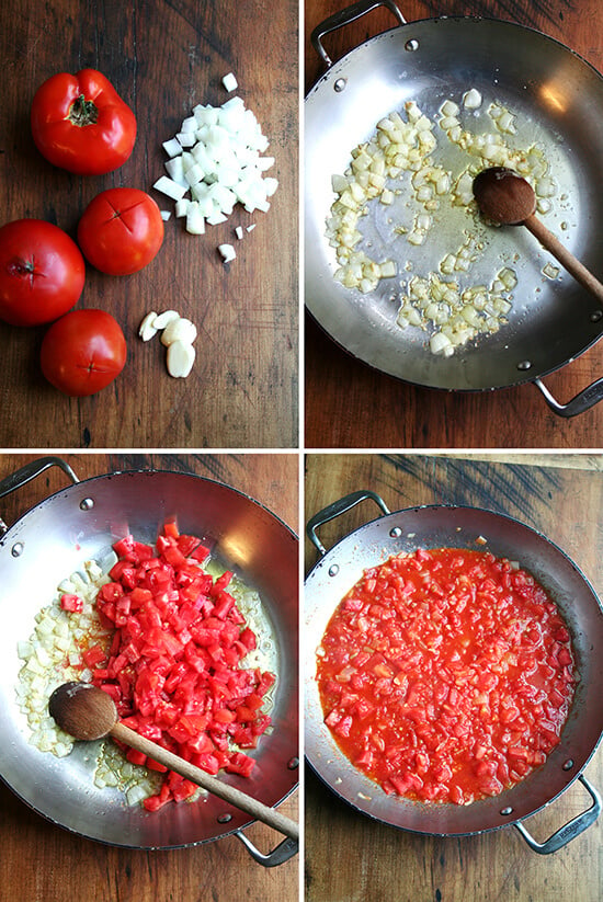 A montage of photos showing how to make the barely cooked tomato sauce. 