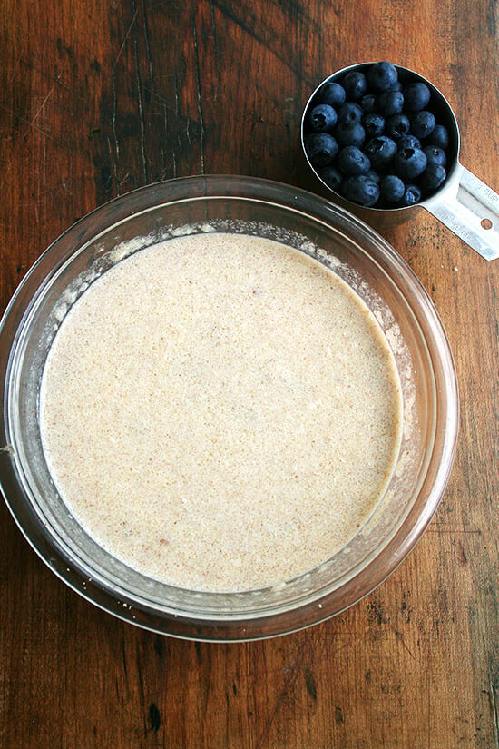 The wet ingredients mixed with the dry ingredients for the baked steel cut oatmeal. 