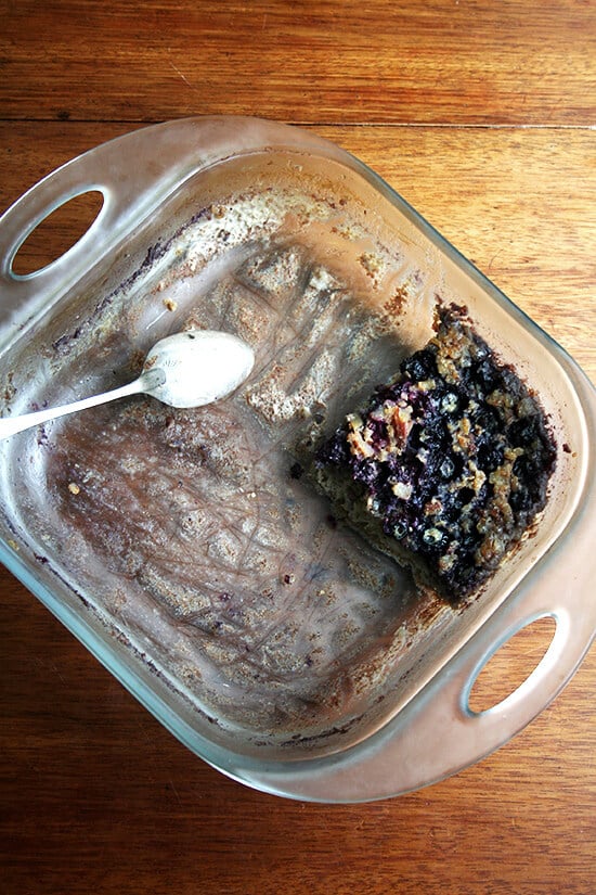 A three-quarters eaten pan of baked steel cut oatmeal. 