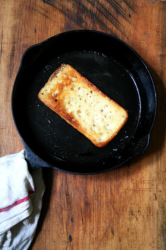 This olive oil toast is a favorite. I have been using a jalapeño oil from the Temecula Olive Oil Company, which offers a nice kick, so feel free to season with some crushed red pepper flakes if you like that sort of thing. // alexandracooks.com