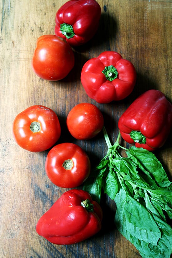 tomatoes, basil, bell peppers