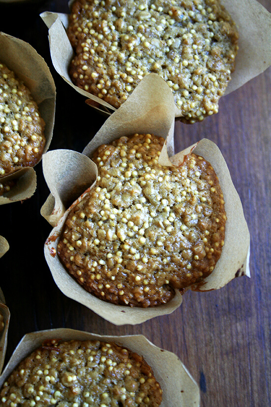 An overhead shot of just-baked millet muffins.