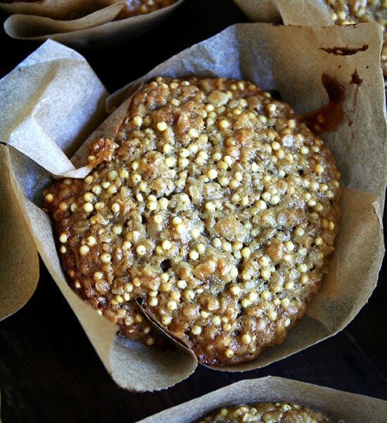 An overhead shot of a millet muffin.