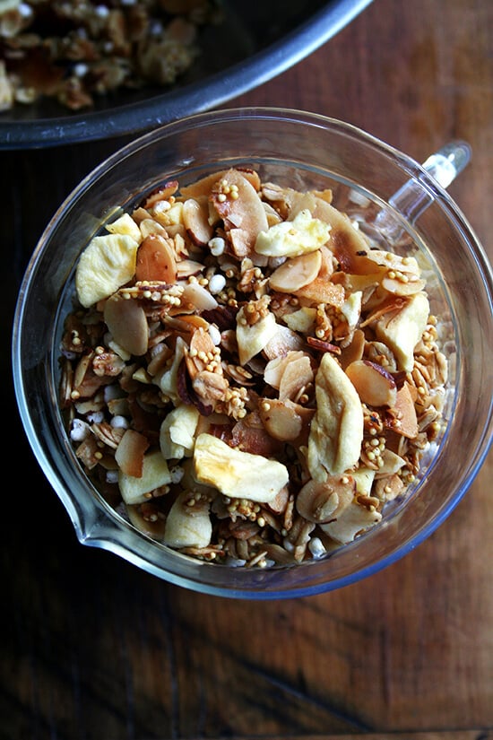 It comes as no surprise then that I absolutely adore this toasted muesli. Like granola, the oat mixture is toasted with a little oil — three tablespoons of olive oil — and a sweetener — a half cup of maple syrup. Like muesli, the mixture can be bulked up with dried fruit and puffed cereal or other grains and nuts. A healthy scoop of millet offers the nicest crunch, and the lightly toasted mixture, less sweet than granola, can be enjoyed with milk or yogurt alike. // alexandracooks.com