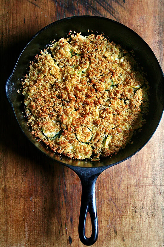 This summer squash gratin couldn't be simpler to throw together, and unlike so many gratins, this one is not laden with cream and cheese. You also can't mess it up. The layer of vegetables can be thin or thick. There's no perfect ratio of squash to topping. This dish is rustic. It's fast. It's easy. Go wild. // alexandracooks.com