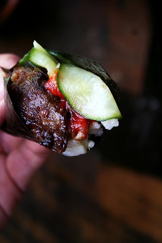 Creating Korean BBQ at home is surprisingly easy: a simple banchan — cucumber-apple pickle — comes together in no time and a bulgogi marinade can be made with pantry items. The rest — roasted seaweed and kimchi — can all be purchased. // alexandracooks.com