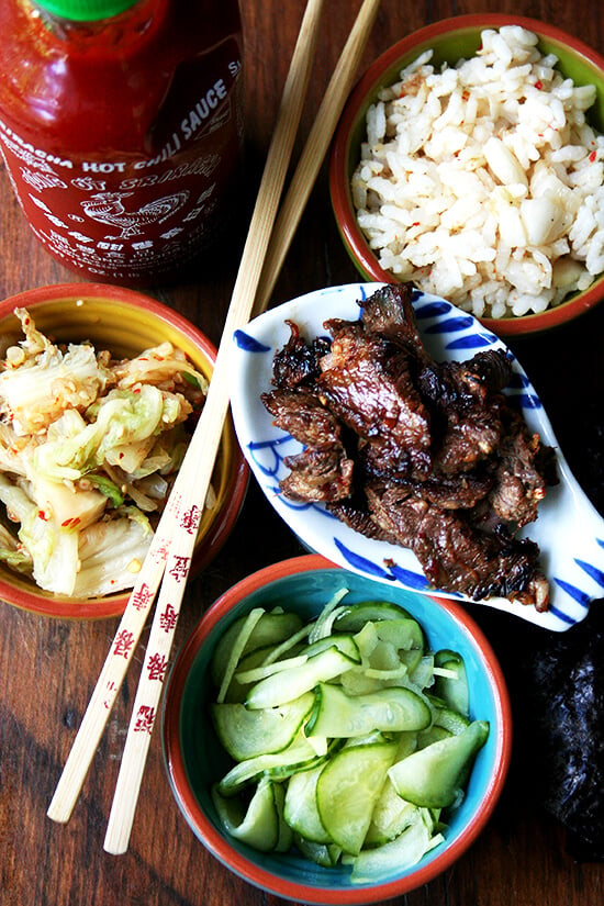 Creating Korean BBQ at home is surprisingly easy: a simple banchan — cucumber-apple pickle — comes together in no time and a bulgogi marinade can be made with pantry items. The rest — roasted seaweed and kimchi — can all be purchased. // alexandracooks.com