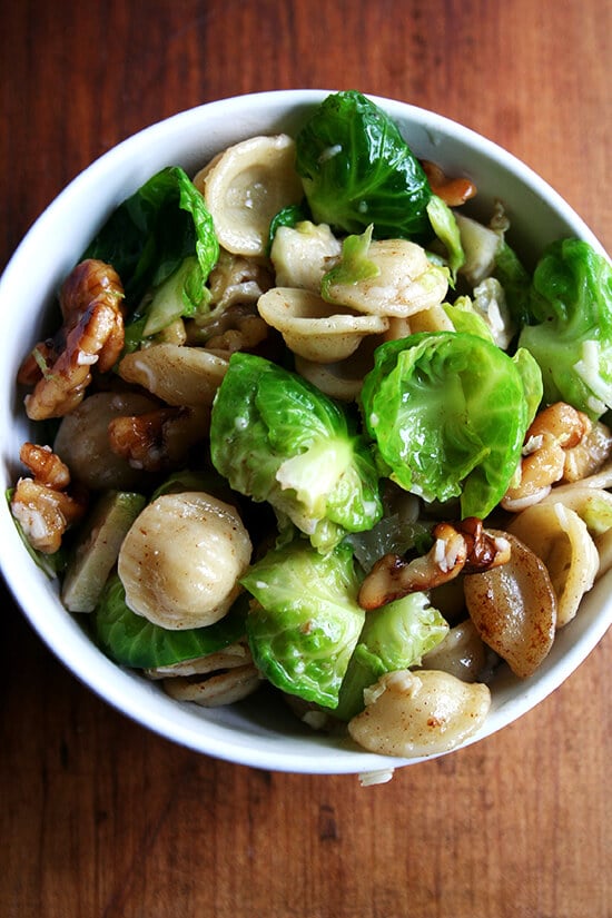 In this super-fast pasta dish, a simple brown butter sauce dresses orecchiette, Brussels sprouts, toasted walnuts and Pecorino. While any pasta shape will work, orecchiette, which shares the same shape as the Brussels sprout leaves, is particularly fun. // alexandracooks.com