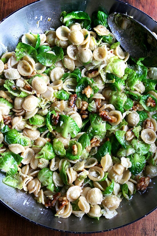 In this super-fast pasta dish, a simple brown butter sauce dresses orecchiette, Brussels sprouts, toasted walnuts and Pecorino. While any pasta shape will work, orecchiette, which shares the same shape as the Brussels sprout leaves, is particularly fun. // alexandracooks.com