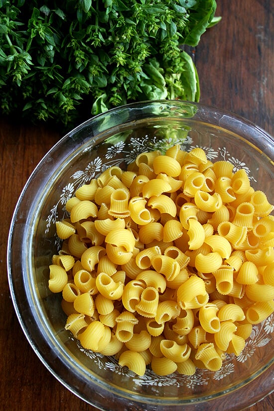 Uncooked pasta in glass bowl